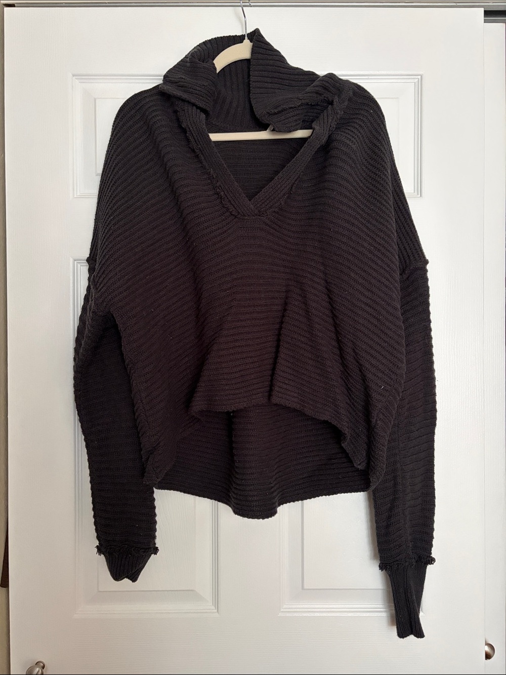Free People Oversized Black V-Neck Collared Ribbed Sweater